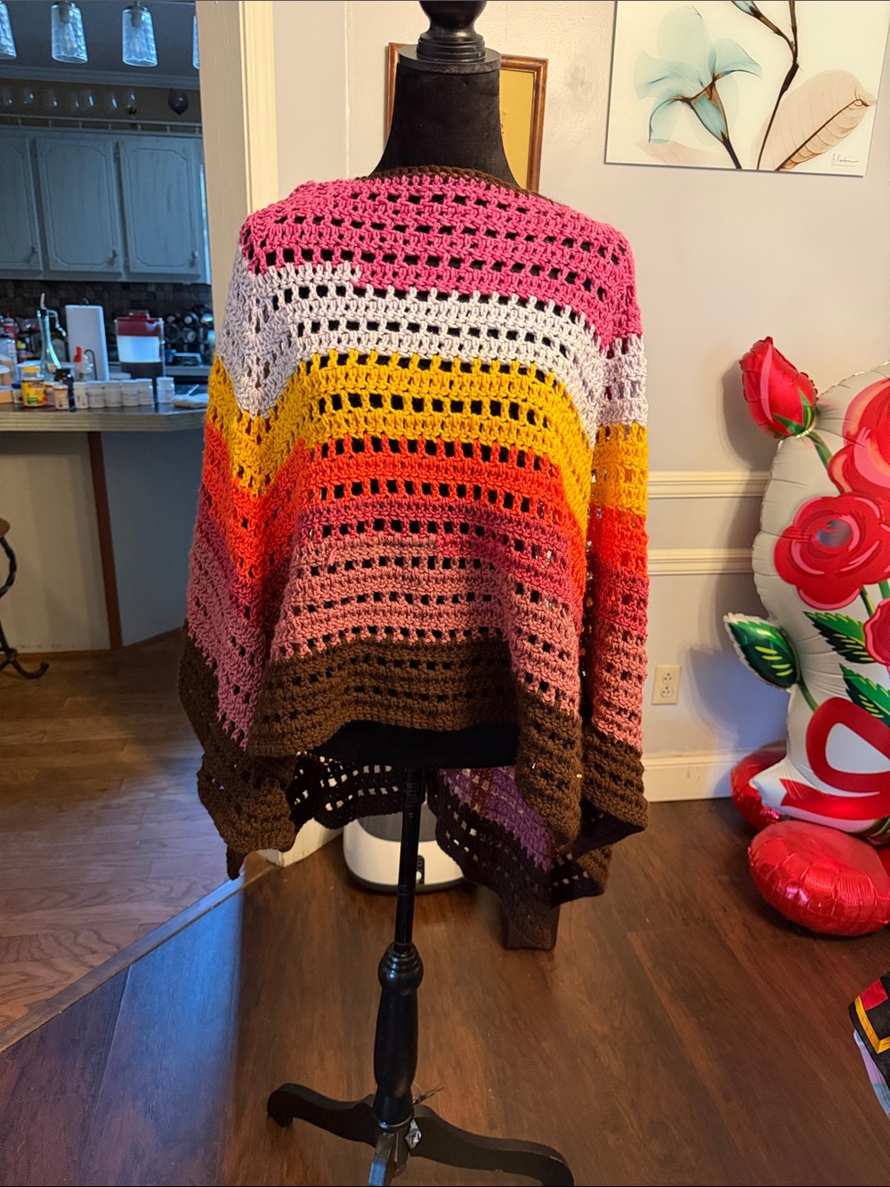 Hand-Crocheted Multi-Stripe Women’s Sweater Poncho - Pink, Yellow & Brown